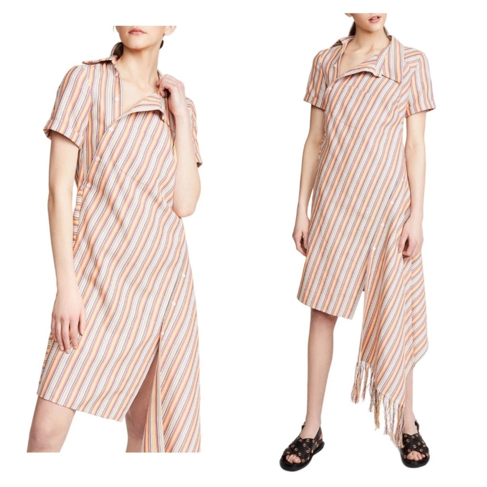 MONSE Orange & Beige Striped Cotton Fringed Asymmetrical Sheath Dress 8